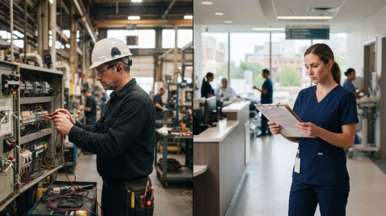 High-wage occupations list 2026: an industrial electrician and a registered nurse, two jobs that earn Express Entry points